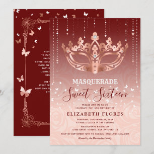 Invitation Elégant Rose Bourgogne Or Masquerade Sweet 16