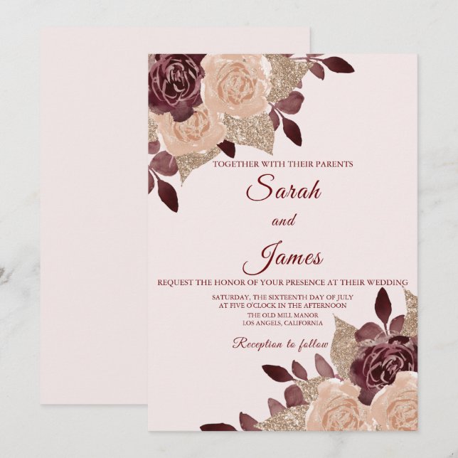 Invitation Elégant Rose Bourgogne Parties scintillant or Mari (Devant / Derrière)