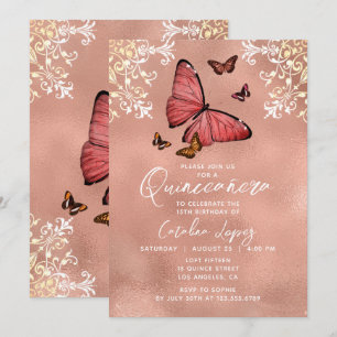 Invitation Élégant Rose Butterfly Or Floral Quinceañera