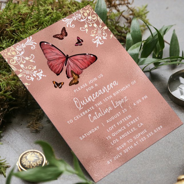 Invitation Élégant Rose Butterfly Or Floral Quinceañera (Créateur téléchargé)