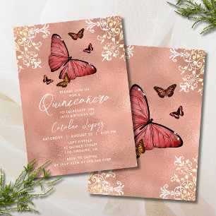 Invitation Élégant Rose Butterfly Or Floral Quinceañera