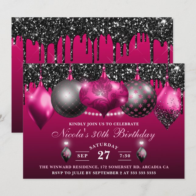 Invitation Élégant rose chaud et noir Parties scintillant Bau (Devant / Derrière)