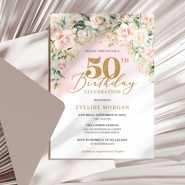 Invitation Elégant rose clair rose or vert 50e anniversaire (Bohemian Blush roses eucalyptus gold 50th birthday invitation digital )