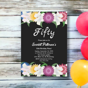 Invitation Élégant Rose coloré Floral noir 50e anniversaire