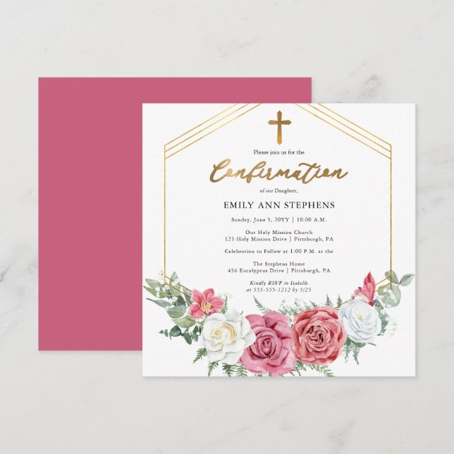 Invitation Élégant rose | Confirmation Gold Floral Frame Girl (Devant / Derrière)