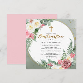 Invitation Élégant rose | Confirmation Gold Floral Frame Girl