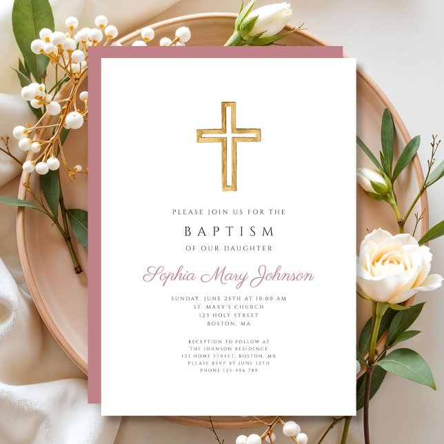 Invitation Élégant rose Croix Religieuse Fille Baptême (Religious Cross Dusty Rose Pink Girl Baptism Invitation)