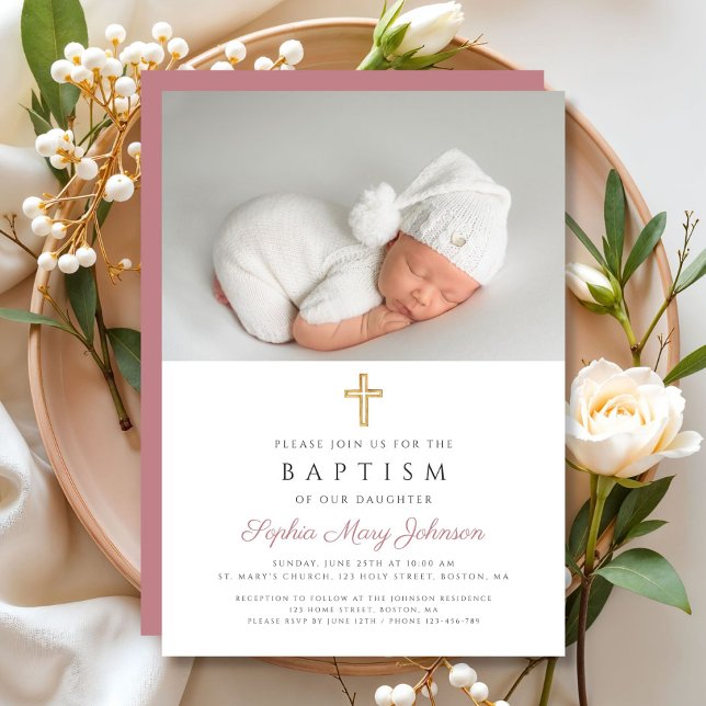 Invitation Élégant rose Croix religieuse Fille Photo Baptême (Elegant Pink Religious Cross Girl Photo Baptism Invitation)