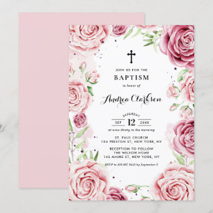 Invitation Elégant Rose d'aquarelle rose cadre Baptême
