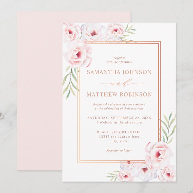 Invitation Elégant Rose d'aquarelle rose Floral Mariage or (Devant / Derrière)