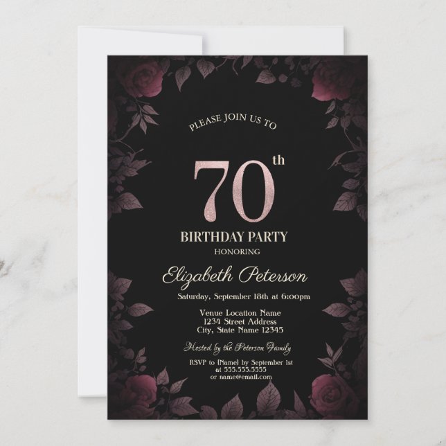 Invitation Elégant Rose de Bourgogne noire 70e anniversaire (Devant)