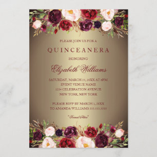 Invitation Elégant Rose de Bourgogne Or Quinceanera Invitatio