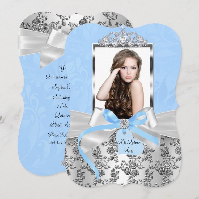 Invitation Elégant Rose de Bow Argent Bleu Photo Quinceanera  (Devant / Derrière)
