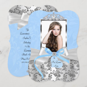 Invitation Elégant Rose de Bow Argent Bleu Photo Quinceanera 