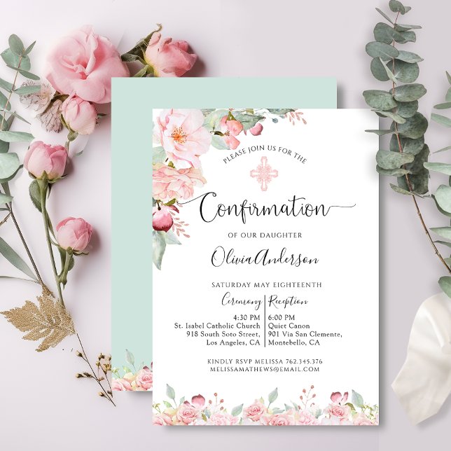 Invitation Élégant Rose de confirmation Or, Mint Floral (Créateur téléchargé)