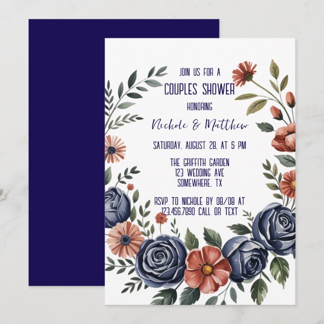 Invitation Elégant Rose de la Marine et Couples en terre cuit (Devant / Derrière)