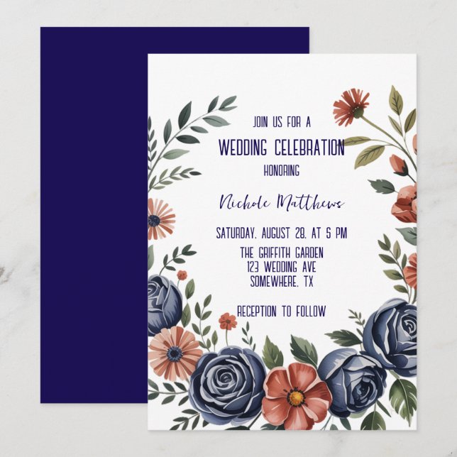 Invitation Elégant Rose de la marine et Mariage de corail (Devant / Derrière)