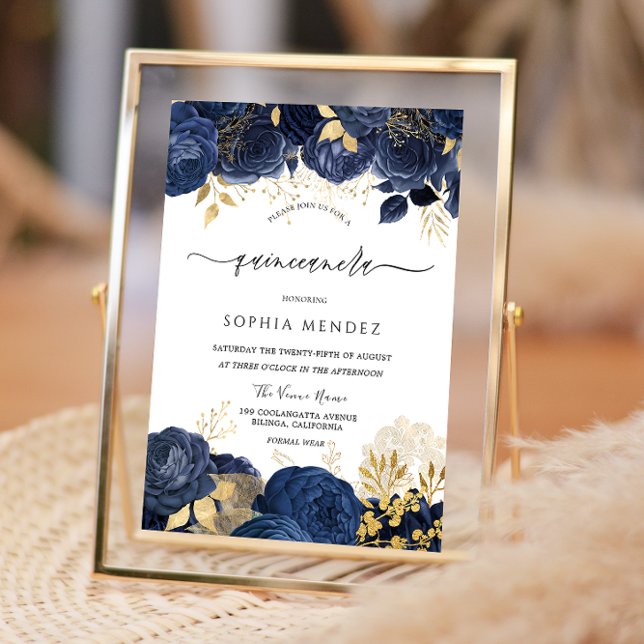 Invitation Elégant Rose de la Marine feuille d'or Quinceanera (Créateur téléchargé)