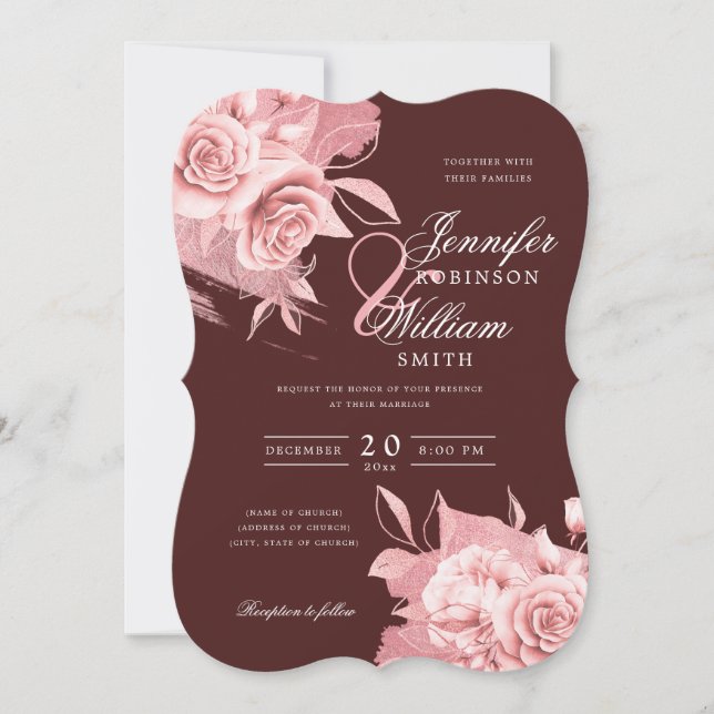 Invitation Elégant Rose de mariage Gold Floral & Foil Bourgog (Devant)
