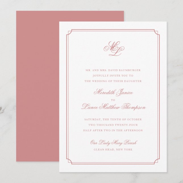 Invitation Élégant Rose de monogramme Mariage de script de br (Devant / Derrière)