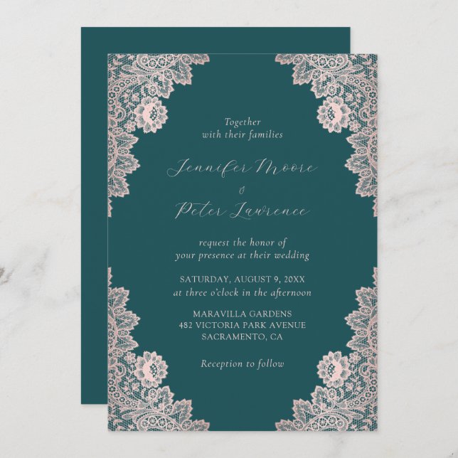 Invitation Élégant Rose de script Gold et Mariage Turquoise (Devant / Derrière)