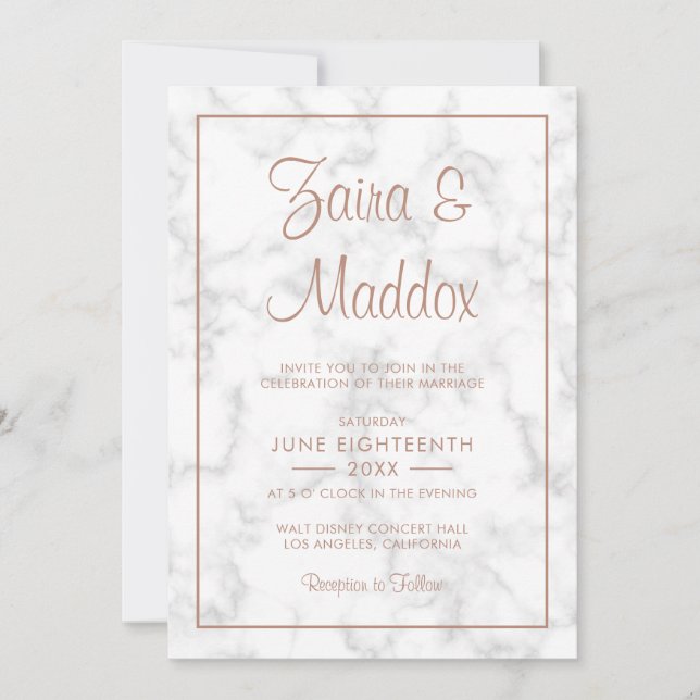 Invitation Élégant Rose de script moderne en marbre doré Mari (Devant)