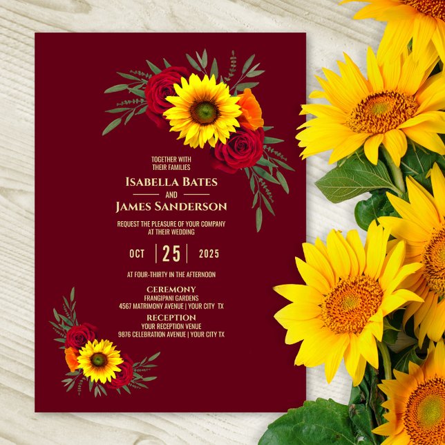 Invitation Élégant Rose de tournesol Bourgogne Mariage (Créateur téléchargé)
