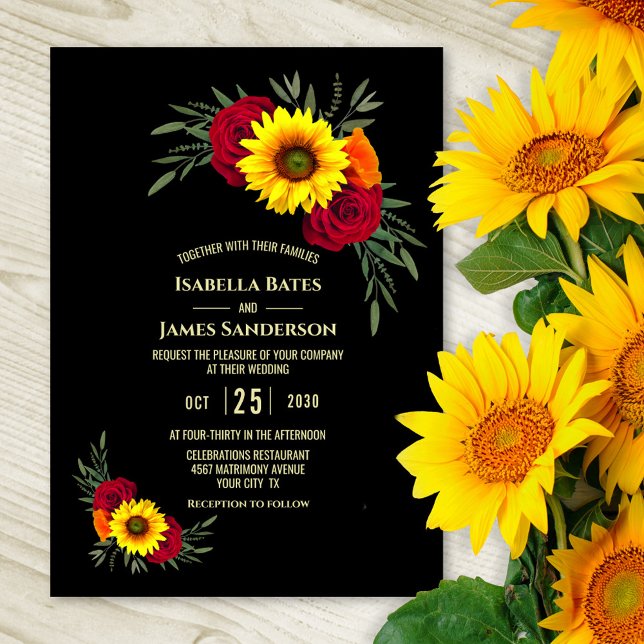 Invitation Élégant Rose de tournesol noir Bourgogne Mariage (Créateur téléchargé)