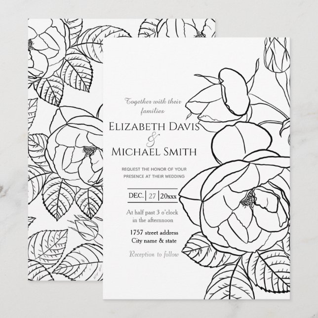 Invitation Elégant Rose dessiné à la main Floral Black White  (Devant / Derrière)