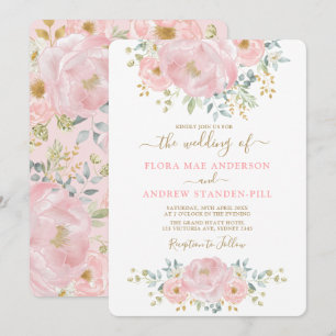 Invitation Elégant rose douce Peony floral + Mariage vert