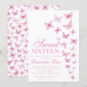 Invitation Elégant rose doux sixteent papillons Anniversaire