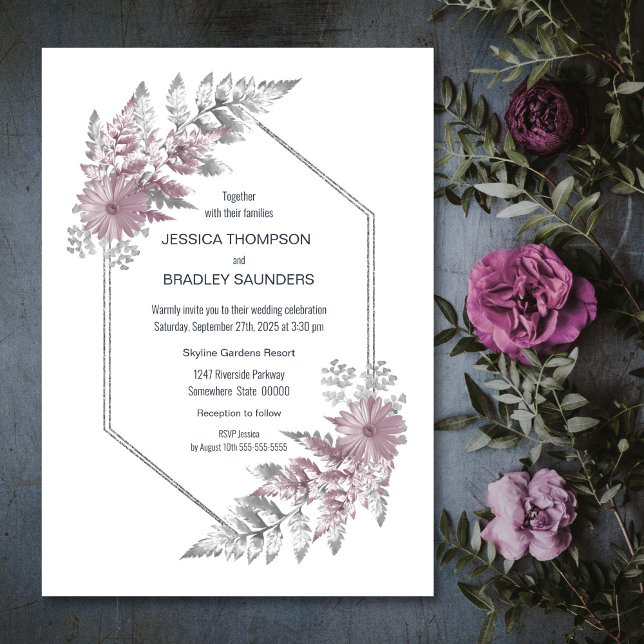 Invitation Élégant Rose Dusty Grey Mariage botanique (Créateur téléchargé)