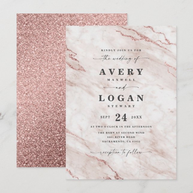 Invitation Elégant Rose Dusty rose marbre et Mariage Parties  (Devant / Derrière)