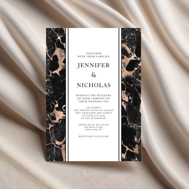 Invitation Élégant Rose en marbre noir Mariage or (Elegant Black Marble Rose Gold Wedding Invitation)