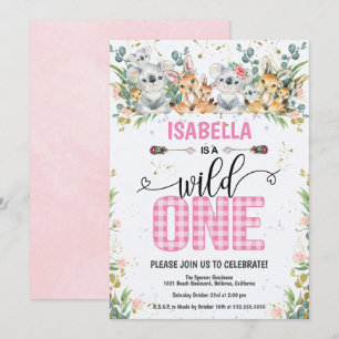 Invitation Elégant rose En vichy Safari Wild Un 1er anniversa
