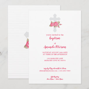 Invitation Élégant rose et blanc Roses Baptême