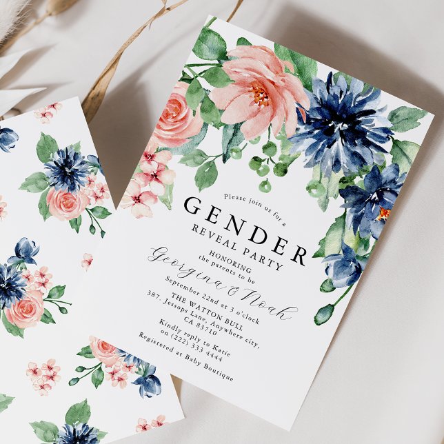 Invitation Élégant rose et bleu Floral Baby Genre Revevey Par (Créateur téléchargé)