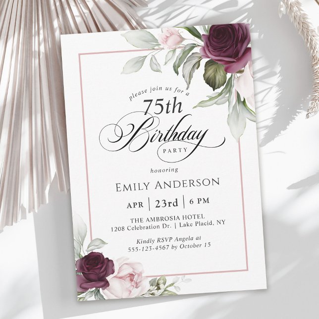 Invitation Elégant rose et bordeaux Floral 75e anniversaire (Available in both printed and instant download digital formats.)