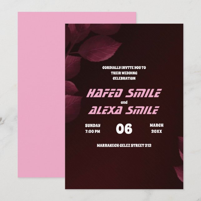 Invitation Elégant rose et design floral et Mariage de  en (Devant / Derrière)
