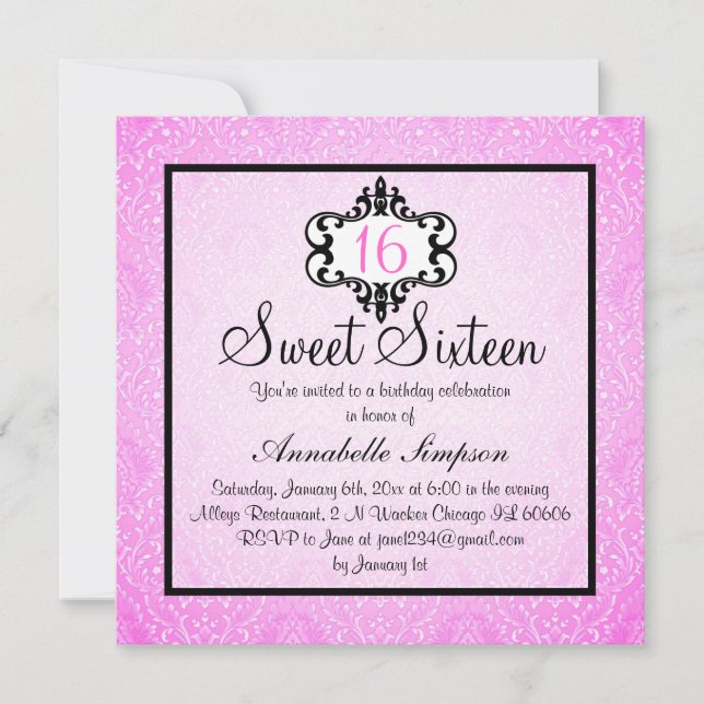 Invitation Elégant rose et noir Chic Damask Sweet 16 Invitati (Devant)