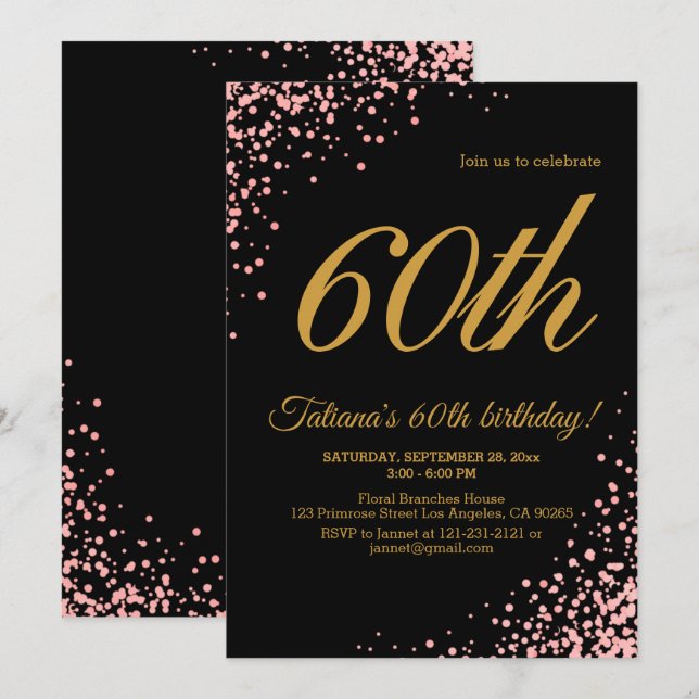 Invitation Elégant rose et noir Rose or Parties scintillant A (Devant / Derrière)