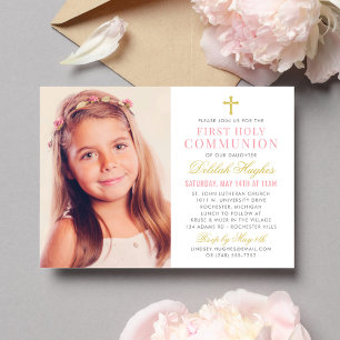 Invitation Elégant rose et or première communion fille photo
