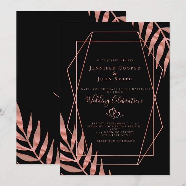 Invitation Élégant Rose Feuille d'or Mariage noir (Devant / Derrière)