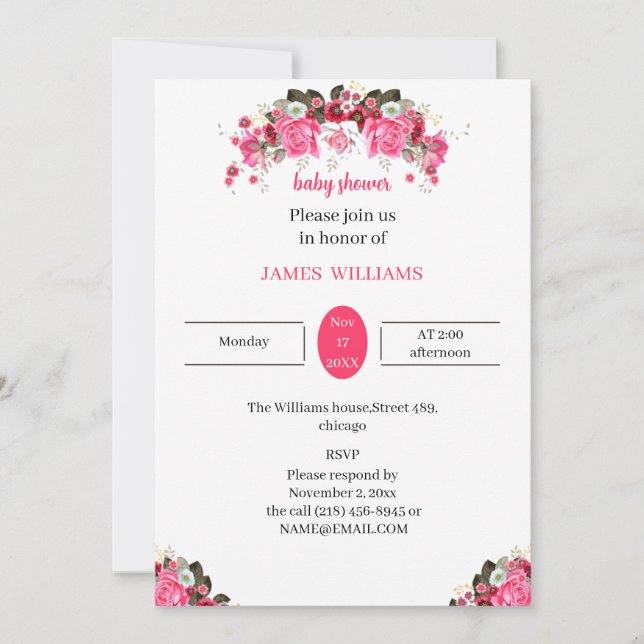 Invitation Élégant Rose Fleur Baby shower Customisé (Devant)