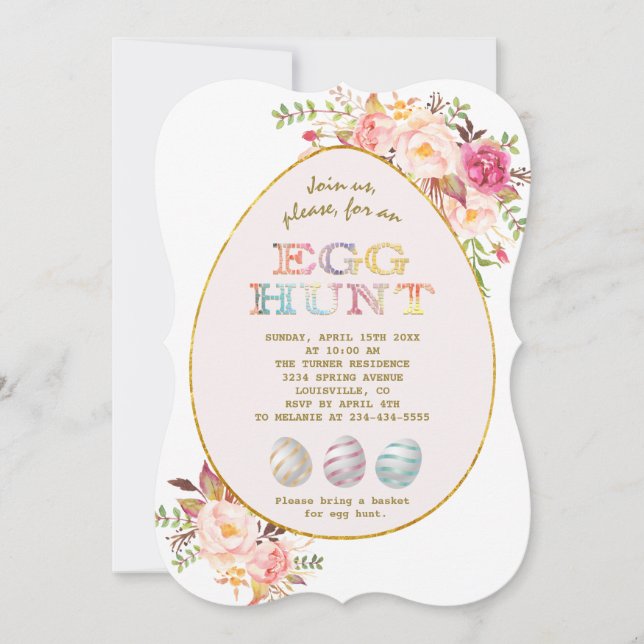 Invitation Elégant rose Fleurs blanches Or Chasse aux oeufs P (Devant)