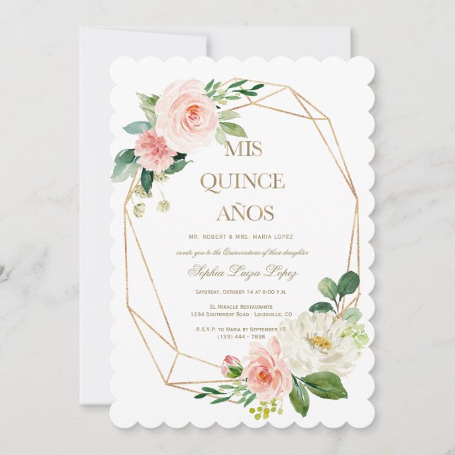 Invitation Elégant rose Fleurs blanches or Quinceañera (Devant)