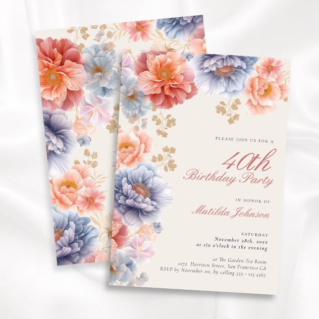 Invitation Élégant rose floral 40e anniversaire (Elegant Pink Floral 40th Birthday Invitation)