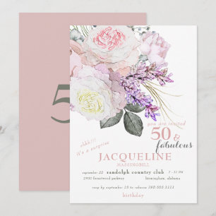 Invitation Elégant rose floral 50 & Fabuleux fête d'anniversa