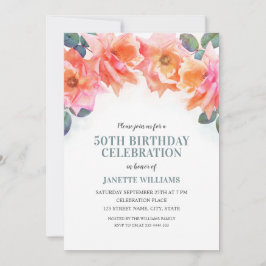 Invitation Elégant Rose Floral Aquarelle 50ème anniversaire