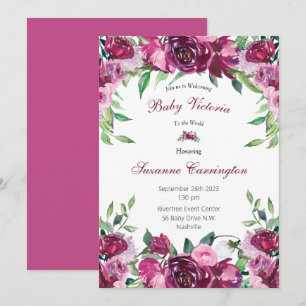 Invitation Élégant rose floral bébé fille Script bébé